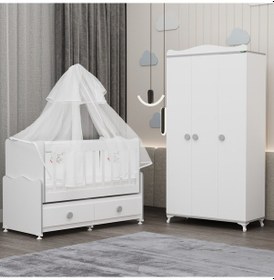 Resim Elegant Beşik Ve Yıldız 3 Kapaklı Dolap Yatak Uykuseti - Gri Beyaz 