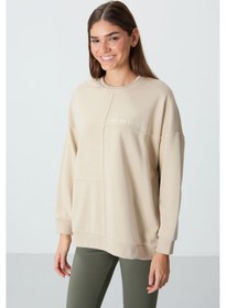 Resim Tommy Life Bej Kompakt Pamuklu Kalın Pürüzsüz Dokulu O Yaka Oversize Fit Kadın Sweatshirt - 97288 Bej 