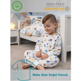 Resim Pamuk Pazen Uzun Kollu Bebek Çocuk Uyku Tulumu Mavi Ev Desenli 20-24 Derece 