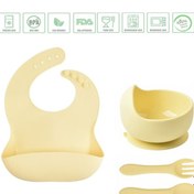 Resim Jojobebek Çocuk Silikon Mama Önlüğü, Silikon Vakumlu Kase, Silikon Kaşık Ve Çatal / Sarı 