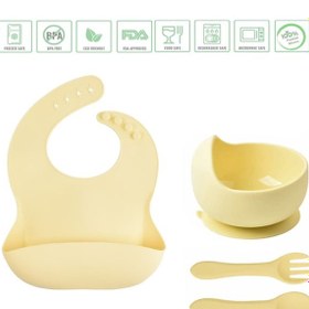 Resim Jojobebek Çocuk Silikon Mama Önlüğü, Silikon Vakumlu Kase, Silikon Kaşık Ve Çatal / Sarı 