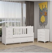 Resim Garaj Home Melina Uzayan Mdf Çıtalı Beşik Ve Şifonyer - Beyaz Beyaz 