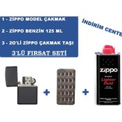 Resim Zippo Siyah Çakmak + Zippo Benzin 125 Ml + 20 Li Zippo Taşı 