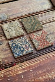 Resim Oscar Stone Decor Renkli Desen Tile Baskılı Doğaltaş Bardak Altlığı Set 4'Lü 4Dsn-286 