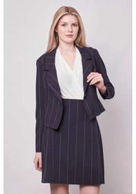 Resim Kadın Çizgili Yakalı Uzun Kol Hafif Likralı Kumaş Kısa Blazer Ceket-lacivert Çizgi Lacivert Ç. 