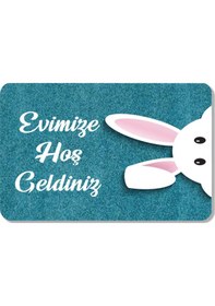 Resim Dijital Baskılı Kapı Önü Paspas Hoşgeldiniz Yazılı Çiçek Desen Ve Tavşan Iç Ve Dış Kapı Yıkanabilir Lacivert 