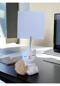 Resim Açık Altın Yumaklı Oturan Kawaii Kedi Temalı Not Tutacağı Fotoğraf Tutacak Tutucu Ofis Hediyelik Şampanya 