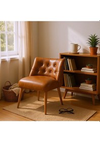 Resim Azra Mobilya Modern Kapitoneli Deri Berjer Sandalye Ahşap Ayaklı, Demonte Gönderim, Renk Seçenekli Taba 