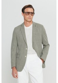 Resim AC&Co / Altınyıldız Classics Erkek Hakı Pamuklu Slim Fit Dar Kesim Mono Yaka Armürlü Kapak Cepli Blazer Ceket Haki 