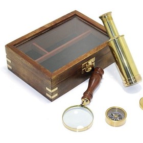 Resim Ahşap Kutulu Pirinç Pusula Dürbün Ve Büyüteç Seti 