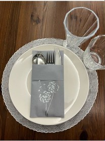 Resim Gümüş Yaldızlı Kumaş Dokulu Air Laid Kanguru Hindiba Gri Cepli Peçete 6 Lı 