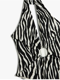 Resim Koton Halter Yaka Mayo Zebra Desenli Derin V Yaka Pencere Detaylı Siyah Çizgili 4sak20110mm Siyah 