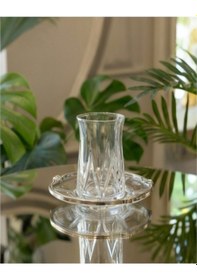 Resim Elta Collection 12 Parça 6 Kişilik Kristal Kesim Çay Takımı Cam Çay Bardağı Ve Tabak Seti Gümüş 