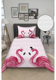 Resim Flamingo Desenli Kadife Kumaş Kapitoneli Tek Kişilik Yatak Örtüsü Seti 2 Parça Tky0040 Çok Renkli 