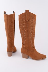 Resim Muggo TEXAS Sivri Burun Nakışlı Kalın Topuklu Kadın Kovboy Western Çizme 
