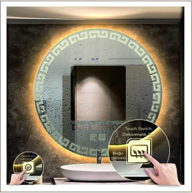 Resim Dnr-Mirror90 Cm Günışığı Ledli Tasarım Kumlamalı Dokunmatik Tuşlu Buğu Önleyicili Banyo Aynası Makyaj Aynası 