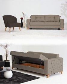 Resim Velura Home & Living Nola Koltuk Takımı 3+1 & Bazalı Yataklı Koltuk & Kanepe - Keten 