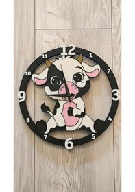Resim Sevimli İnek Figürlü Bebek Ve Çocuk Odası Duvar Saati - Hayvan Dostu Dekoratif Saat 