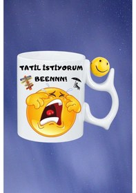 Resim Tatil İstiyorum Ağlayan Emoji Baskılı Smile Emoji Toplu Kupa Bardak Çay Kahve Fincanı Beyaz 