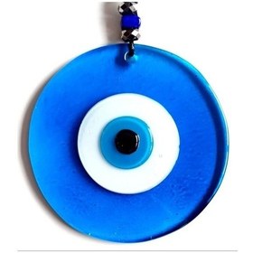 Resim Nazar Boncuklu El Yapımı Deri İpli Açık Mavi Şeffaf Cam Duvar Süsü 