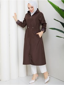 Resim RACE FASHİON Leopar Desenli Bondit Kumaş Beli Lastikli Kapüşonlu Tesettür Trençkot RC1205010 