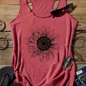 Resim Günebakan Baskılı Yaka Tank Topu, Yaz Için Rahat Kolsuz Tank Topu, Kadın Giyim 