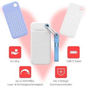 Resim Verbatim Pocket SSD 2 Tb, Harici SSD USB 3.2 Gen 2, 1000 Mb/s'ye Kadar Okuma ve Yazma, Harici Sabit Sürücü, Dahil. Pc, Mac ve Konsol Için 2 Adet Kauçuk Kılıf (Beyaz ve Açık Mavi), Beyaz 