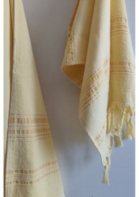 Resim %100 Pamuk Peştemal Saç Havlusu Takımı-plaj Havlusu Seti Sarı 