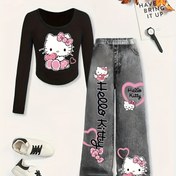 Resim Sanrio Kalp Fiyonk Baskılı Tişört + Taklidi Kot Düz Pantolon İki Parça Set, Açık Hava için Mükemmel 