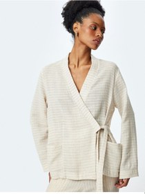 Resim Koton Uzun Kollu Bağlama Detaylı Cepli Çizgili Kruvaze Kimono Kahverengi Çizgili 5sak50070uw 5s5 Çok Renkli 