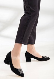 Resim GULT Kadın Klasik Kalın Ökçeli Siyah Süet Taşli 5 Cm Stiletto 