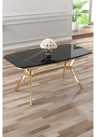 Resim Canisa Asel Serisi 90x160 Lak Panel Siyah Mermer Desen Gold Detay Masa Takımı Ve 6 Gri Sandalye Siyah Mermer Desen Masa Gri Sandalye Ayaklar Gold 