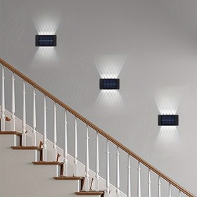 Resim 6'lı Paket Güneş Enerjili Dış Mekan Bahçe Işıkları, Ev Kullanıcısı Duvar Lambası Dekorasyon Düzenlemesi Çit Yıkama Duvarı için 10 LED Ampul Üst ve Alt Aydınlatmalı Atmosferik Duvar Lambası Otomatik Anahtarlı Duvar Lambası Bahçe Duvar Garaj Korkuluk Işığı 
