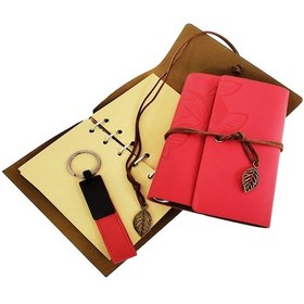 Resim Büro Ev Ofis Hediyesi İçin Ahşap Kutuda Kırmızı Deri Defter Anahtarlık Seti 