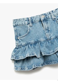 Resim Koton Pamuklu Fırfır Detaylı Katlı Cepli Mini Denim Etek Lıght Indıgo 5skg70017ad Açık Mavi 