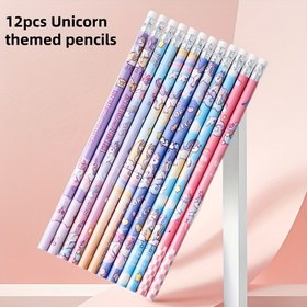 Resim 12'li Unicorn Temalı HB Ahşap Kalemler, Okul ve Tatil Hediyeleri İçin Uygun, Sevimli Unicorn Yazı Kalemleri 