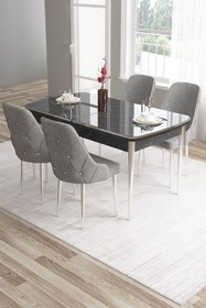 Resim Canisa Tia Serisi, Siyah Mermer Desen 80x132 Açılabilir Mdf Yemek Odası Takımı 4 Gri Sandalye Gümüş Detay 