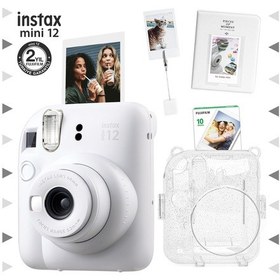 Resim Fujifilm Instax Mini 12 Fotoğraf Makinesi + 10'lu Film + Kıskaçlı Stand + Pvc Albüm + Simli Pleksi Kılıf Seti Beyaz 
