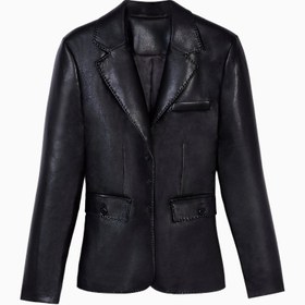 Resim Cinched Waist Leather Blazer Kadın Ceket - Siyah / XL 