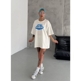 Resim Beruflic Bisiklet Yaka Baskılı Oversize T-Shirt - Beyaz 
