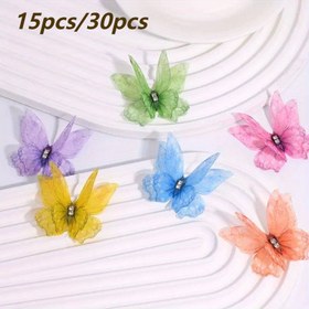 Resim 15 Adet/30 Parça DIY 3D Katmanlı Tül Kelebek Aplikeler - Detay Kanat Desenleri ve Çokkat Yapraklarına Sahip Can Renk Seçeneğinde (Pembe, Mavi 
