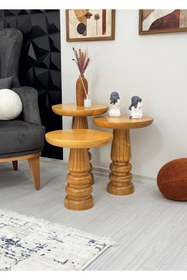 Resim AYLESA Doğal Ahşap 3’lü Set Mantar Yan Sehpa Modern Meşe Renk Fiskos Zigon Çiçeklik 