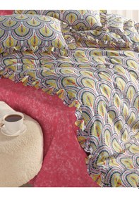 Resim Pamuklu Fırfırlı Çift Kişilik Nevresim Seti--retro Yelpaze Deseni--uh-00084 Gri - Sarı 