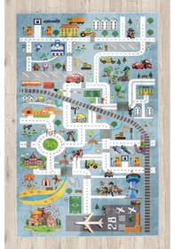 Resim Eğitici Haritalı Bambu Çocuk Halısı Mavi 