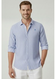 Resim Deepsea Lacivert Slim Fit Çizgili %100 Pamuk Erkek Gömlek Nefes Alan Şık Günlük Gömlek 2602626 Lacivert 