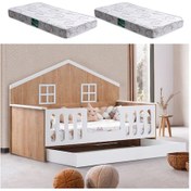 Resim Yavrulu Karyola, Bello Yavrulu Montessori Yatak - Ceviz + 2 Adet Comfort Yatak 