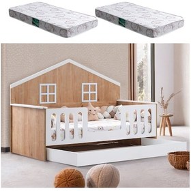 Resim Yavrulu Karyola, Bello Yavrulu Montessori Yatak - Ceviz + 2 Adet Comfort Yatak 