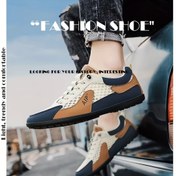 Resim Erkekler için Nefes Alabilir Kaymaz Sneakerlar - Dayanıklı Yumuşak Kauçuk Taban, Geometrik Tasarım Orta Boy Günlük Ayakkabılar Koyu Mavi & Turuncu Üst, Beyaz Dikişli, PU/Kumaş Malzeme ve Bağcık Kapama Dış Mekan Aktiviteleri İçin 