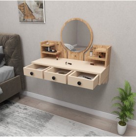 Resim Arnetti Polina Çekmeceli Raflı Duvara Monte Aynalı Makyaj Masası, Atlantik Çam Bej - Polina 