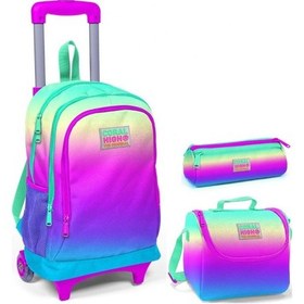Resim Coral High Pembe Yeşil Mavi Kız Çocuk Çekçek Çanta Seti - Işıklı Tekerlekler 